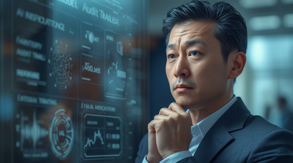 A business executive analyzing an AI compliance dashboard with model audit trails and ethical AI indicators, highlighting the importance of AI Governance and responsible data use – TechScoopHub