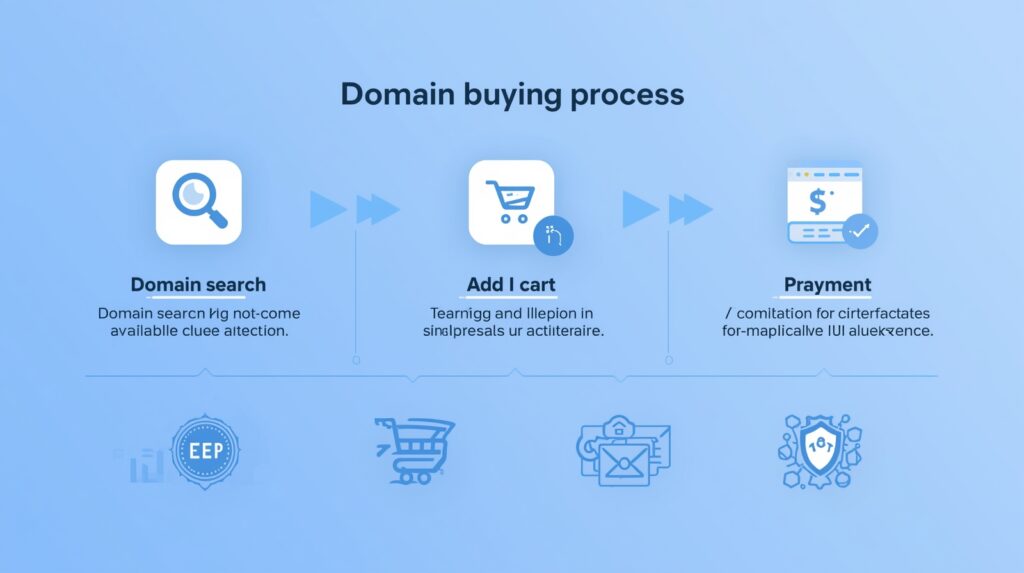 Visual steps showing how to search, select, and buy a domain name with privacy protection