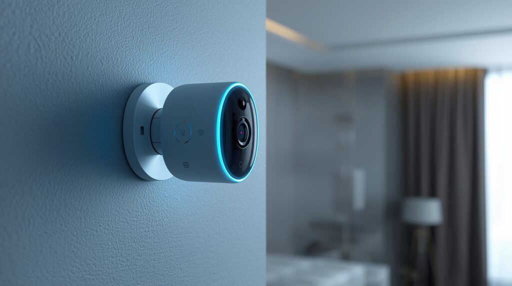 AI gadgets smart security camera with futuristic design and blue ring, powered by advanced artificial intelligence.