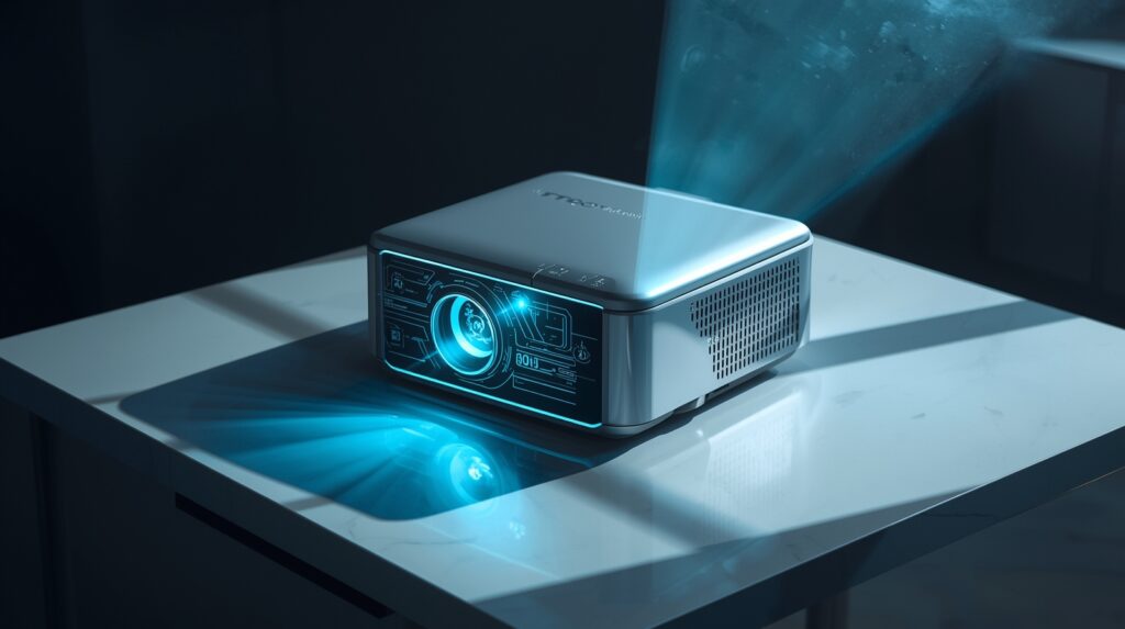 AI gadgets smart projector displaying holographic visuals with modern design and AI-powered features