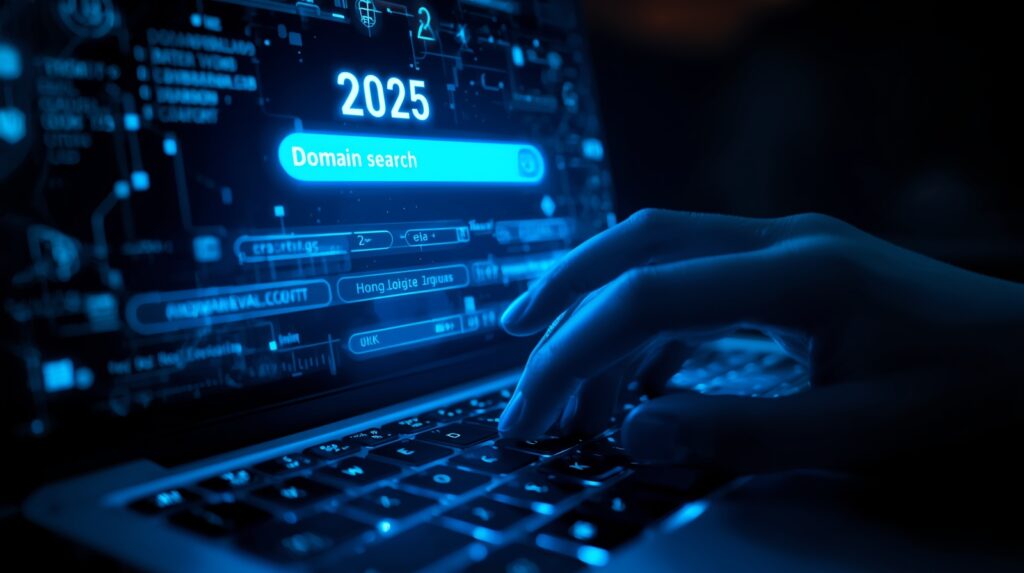 How to buy a domain name in 2025 step-by-step – domain search hologram graphic
